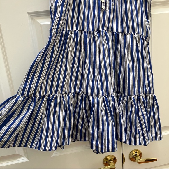 Veronica Beard Zee Dress Linen Viscose Tiered Flutter Sleeve Mini Blue Striped 4 - Picture 4 of 12